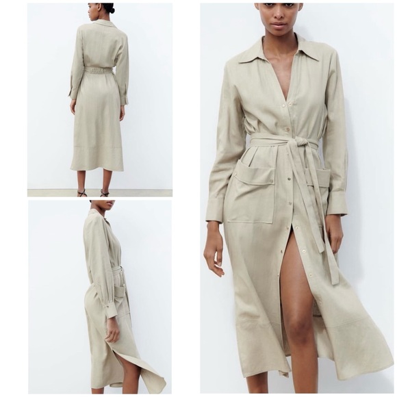 Zara Dresses & Skirts - NWT Zara Linen Blend Long Sleeve Gold Buttondown Shirt  Khaki Tan Midi Dress M